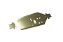 A Kyosho MP9 aluminium main chassis plate shown from an angled top-down perspective against a white background.
