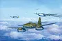Box art painting of a German Messerschmitt Me 262 jet fighter attacking a formation of Allied B-24 Liberator bombers in the sky.
