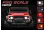 Front view of a red Traxxas TRX-4M Land Rover Defender RC car with active LED headlights, alongside smaller inset images showing various lighting modes.