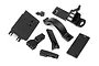 A set of black plastic HPI Savage battery box mounts and covers arranged on a white background.