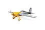 E-Flite Extra 300 3D aerobatic RC plane in yellow, grey, and white livery with a pilot figure in the cockpit.