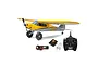 HobbyZone Carbon Cub S2 RC plane in yellow and grey, with a Spektrum DXS transmitter, LiPo battery, and charger on a white background.