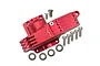 A red anodized aluminium main gear cover for an RC car by GPM Racing, shown with included mounting screws and washers on a white background.