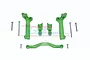 GPM Racing green aluminium front shock tower set for RC cars, including mounting brackets, a cross brace, and various screws on a white background.