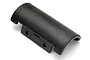 A black, curved plastic front bumper component for an RC car, shown from a high-angle perspective against a white background.