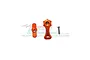 GPM Racing orange aluminium body shell lock components including two metal parts and one screw against a white background.