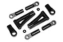 A set of black plastic RC suspension parts including two A-arms, four ball ends, and two small spacers on a white background.