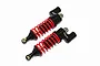 Two black and red GPM Racing piggyback shock absorbers for RC cars on a white background.
