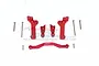 GPM Racing red anodized aluminium rear shock tower set with mounting hardware on a white background.