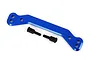 A blue anodized aluminium steering draglink for Traxxas RC vehicles, shown with two black mounting screws on a white background.