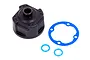 Traxxas differential case with a blue gasket and two small blue O-rings on a white background.