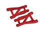 A pair of red Traxxas heavy-duty rear suspension arms for RC vehicles, shown against a plain white background.