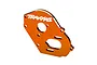 An orange anodized aluminium motor plate for Traxxas RC vehicles, featuring the Traxxas logo and various mounting holes.