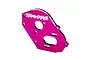 A pink anodized aluminium motor plate for Traxxas RC vehicles, featuring the Traxxas logo printed in white.