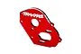 A red anodized aluminium motor plate for Traxxas RC vehicles, featuring the Traxxas logo and multiple mounting holes.