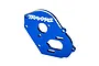 A blue anodized aluminium motor plate for Traxxas RC vehicles, featuring the Traxxas logo printed in white.