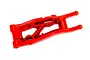 A red Traxxas heavy-duty front right suspension arm for an RC vehicle, shown from a top-down angle against a white background.