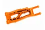 An orange Traxxas heavy-duty front right suspension arm for an RC vehicle, shown from a top-down angle on a white background.