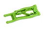 A bright green Traxxas heavy-duty front left suspension arm for an RC vehicle, shown from a top-down angle against a white background.