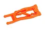 A bright orange heavy-duty front left suspension arm for a Traxxas RC vehicle, shown from an angled top-down perspective.