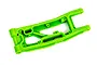A bright green Traxxas heavy-duty rear right suspension arm for an RC vehicle, shown from a top-down angle against a white background.
