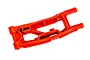 A single red heavy-duty rear right suspension arm for a Traxxas RC vehicle, shown from an angled top-down perspective against a white background.