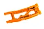 An orange heavy-duty rear left suspension arm for a Traxxas RC vehicle, shown against a plain white background.