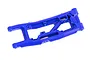 A blue Traxxas heavy-duty rear left suspension arm for an RC vehicle, shown from an angled top-down perspective against a white background.