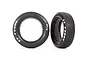 Two Traxxas 2.2 inch Mickey Thompson ET Front RC drag racing tyres with white lettering and foam inserts on a white background.