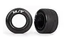 Two black RC drag racing slick tyres with white M/T Mickey Thompson branding on the sidewalls, shown against a white background.