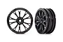 Two gloss black Traxxas 2.2 inch Weld front drag racing rims for RC cars, shown from front and angled side views.