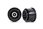 Two Traxxas 2.2/3.0 inch Weld gloss black rear drag racing rims for RC cars, shown from front and side angles against a white background.