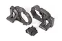Traxxas Magnum 272R gearbox case components in charcoal grey plastic, including two main housing halves and a smaller cover piece.