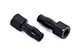 Two black steel shock mounts for Traxxas RC vehicles, shown from an angled perspective against a white background.