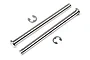 Two silver metal flanged suspension arm pins and two matching E-clips for HPI RC vehicles.