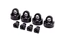 Four black aluminium shock caps and four small black spacers for Traxxas RC vehicles.