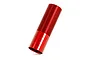 A single red anodized aluminium shock body for a Traxxas RC vehicle, featuring a threaded upper section.