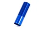 A single blue anodized aluminium shock body for a Traxxas RC car, featuring a threaded upper section.