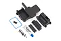 Traxxas sealed receiver box set including black plastic housing, blue O-ring, screws, foam padding, and a tube of silicone grease.