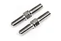 Two silver metal turnbuckles with threaded shafts and a central hexagonal adjustment nut, isolated on a white background.