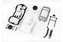 An unpainted white Traxxas 1/18 Ford Bronco body shell kit with various black plastic accessories, clear window inserts, and a decal sheet on a white background.