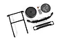 Traxxas 1/18 scale RC accessory set including a black roof rack, spare tyre cover, cowl with wipers, Bronco grille, and decal sheet.