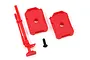 Traxxas 1/18 scale red plastic fuel canisters and a jack accessory set with a single black mounting screw on a white background.