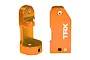 Two orange anodized aluminium C-hub carriers for Traxxas RC vehicles, showing the TRX logo and R marking.