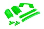 A set of bright green Traxxas RC body reinforcement parts including a roof skid plate and various mounting components on a white background.