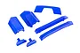 A set of blue plastic RC body reinforcement parts and a roof skid plate on a white background.