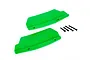 Two bright green Traxxas rear mud guards with four black mounting screws on a white background.