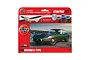 Airfix 1/43 scale Jaguar E-Type model car starter kit packaging, featuring a green Jaguar E-Type, paint pots, brush, and poly cement.