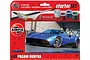 Airfix 1/43 scale Pagani Huayra model car starter kit packaging featuring a blue sports car image, paint pots, brush, and poly cement.