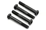 Four black metal binder head screws with fine threads arranged diagonally on a white background.